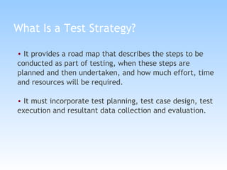 What Is a Test Strategy? It provides a road map that describes the steps to be conducted as part of testing, when these steps are planned and then undertaken, and how much effort, time and resources will be required. It must incorporate test planning, test case design, test execution and resultant data collection and evaluation. 