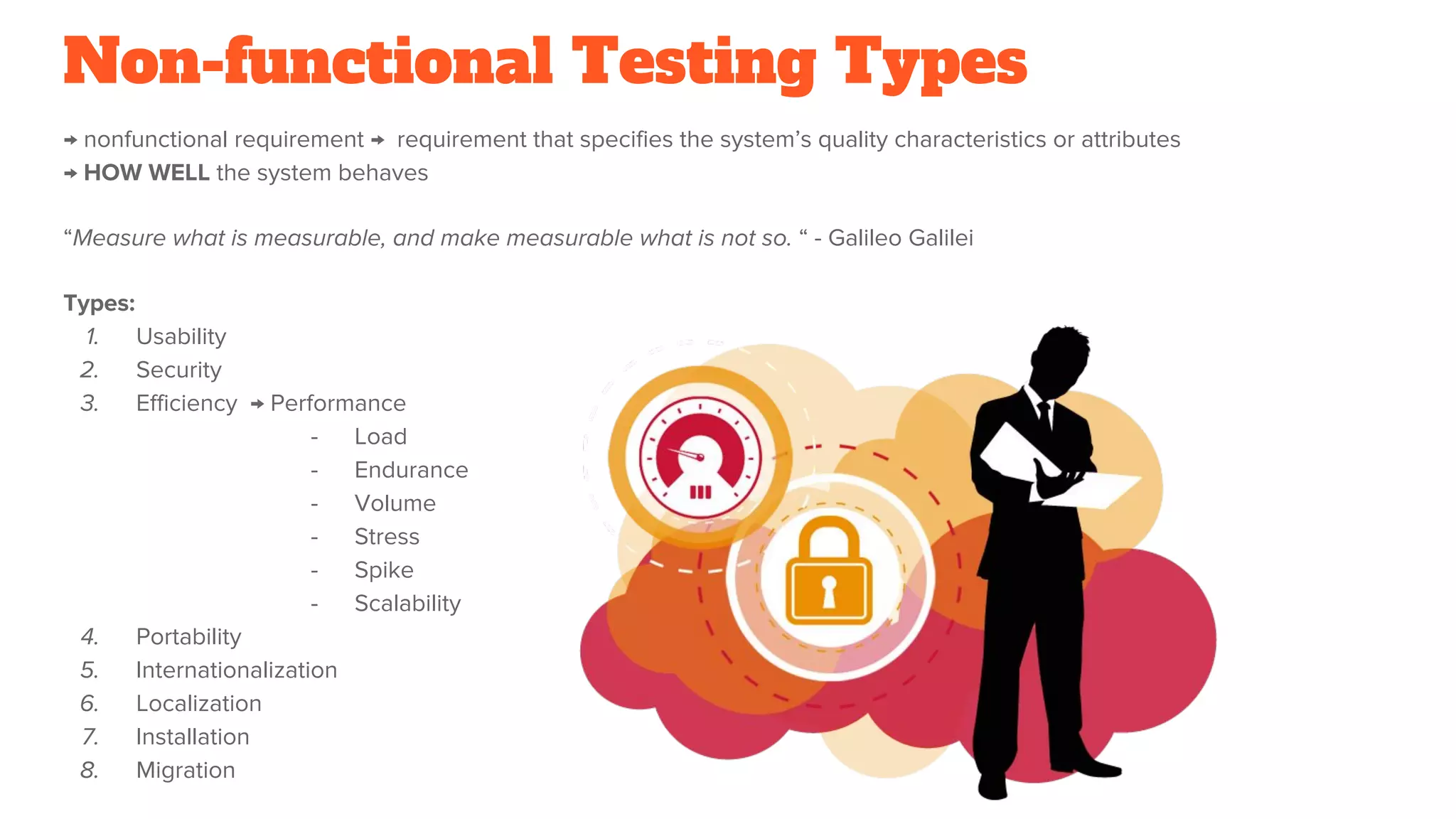 Non-functional Testing Types
→ nonfunctional requirement → requirement that specifies the system’s quality characteristics or attributes
→ HOW WELL the system behaves
“Measure what is measurable, and make measurable what is not so. “ - Galileo Galilei
Types:
1. Usability
2. Security
3. Efficiency → Performance
- Load
- Endurance
- Volume
- Stress
- Spike
- Scalability
4. Portability
5. Internationalization
6. Localization
7. Installation
8. Migration
 