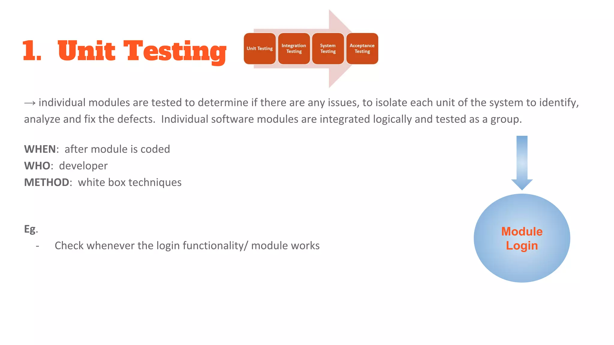 1. Unit Testing
→ individual modules are tested to determine if there are any issues, to isolate each unit of the system to identify,
analyze and fix the defects. Individual software modules are integrated logically and tested as a group.
WHEN: after module is coded
WHO: developer
METHOD: white box techniques
Eg.
- Check whenever the login functionality/ module works
Module
Login
 