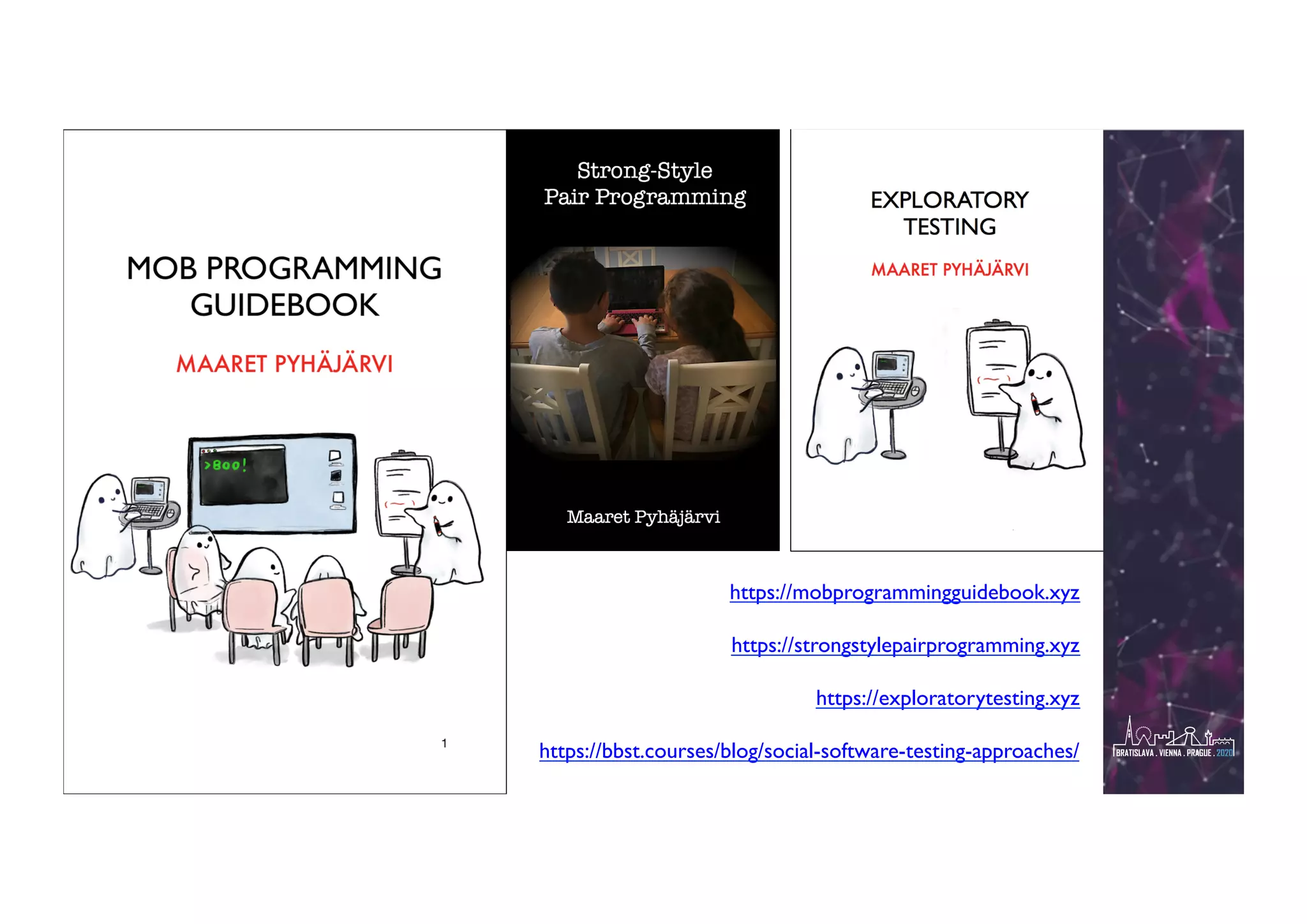 @maaretp
https://mobprogrammingguidebook.xyz
https://strongstylepairprogramming.xyz
https://exploratorytesting.xyz
https://bbst.courses/blog/social-software-testing-approaches/
 