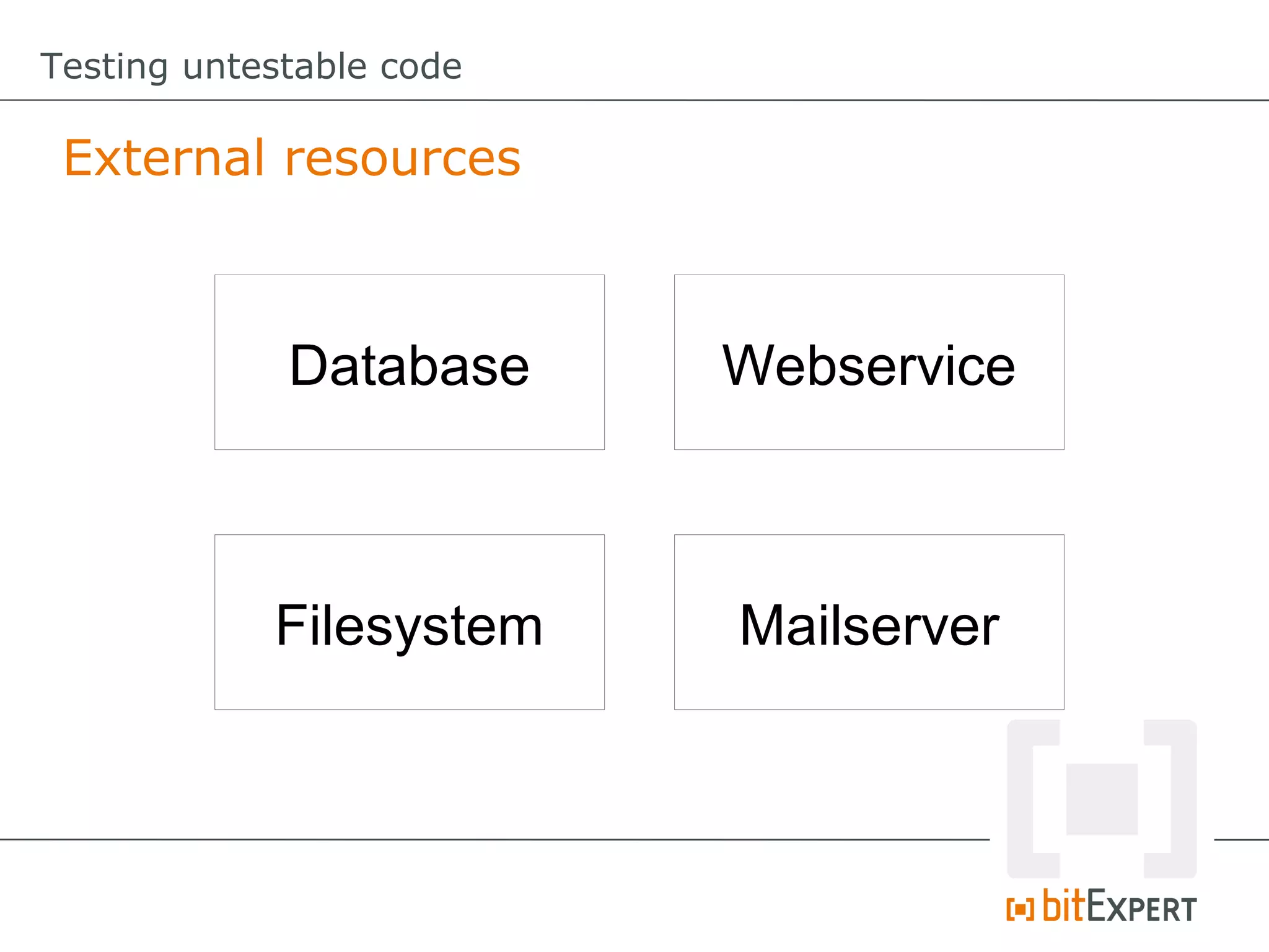 Testing untestable code

 External resources



             Database     Webservice



            Filesystem    Mailserver
 