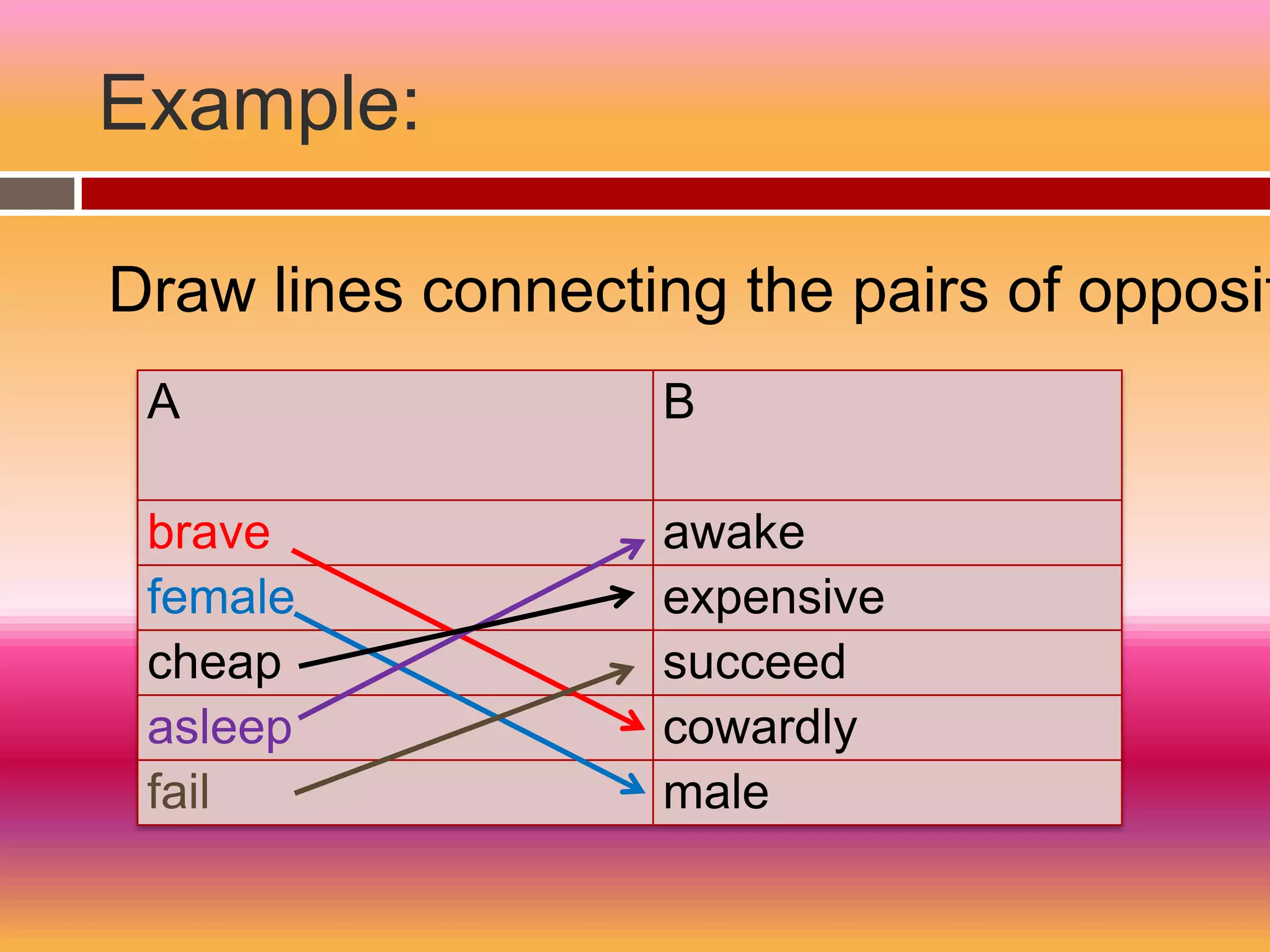 Example:

Draw lines connecting the pairs of opposit
 A                 B

 brave             awake
 female            expensive
 cheap             succeed
 asleep            cowardly
 fail              male
 
