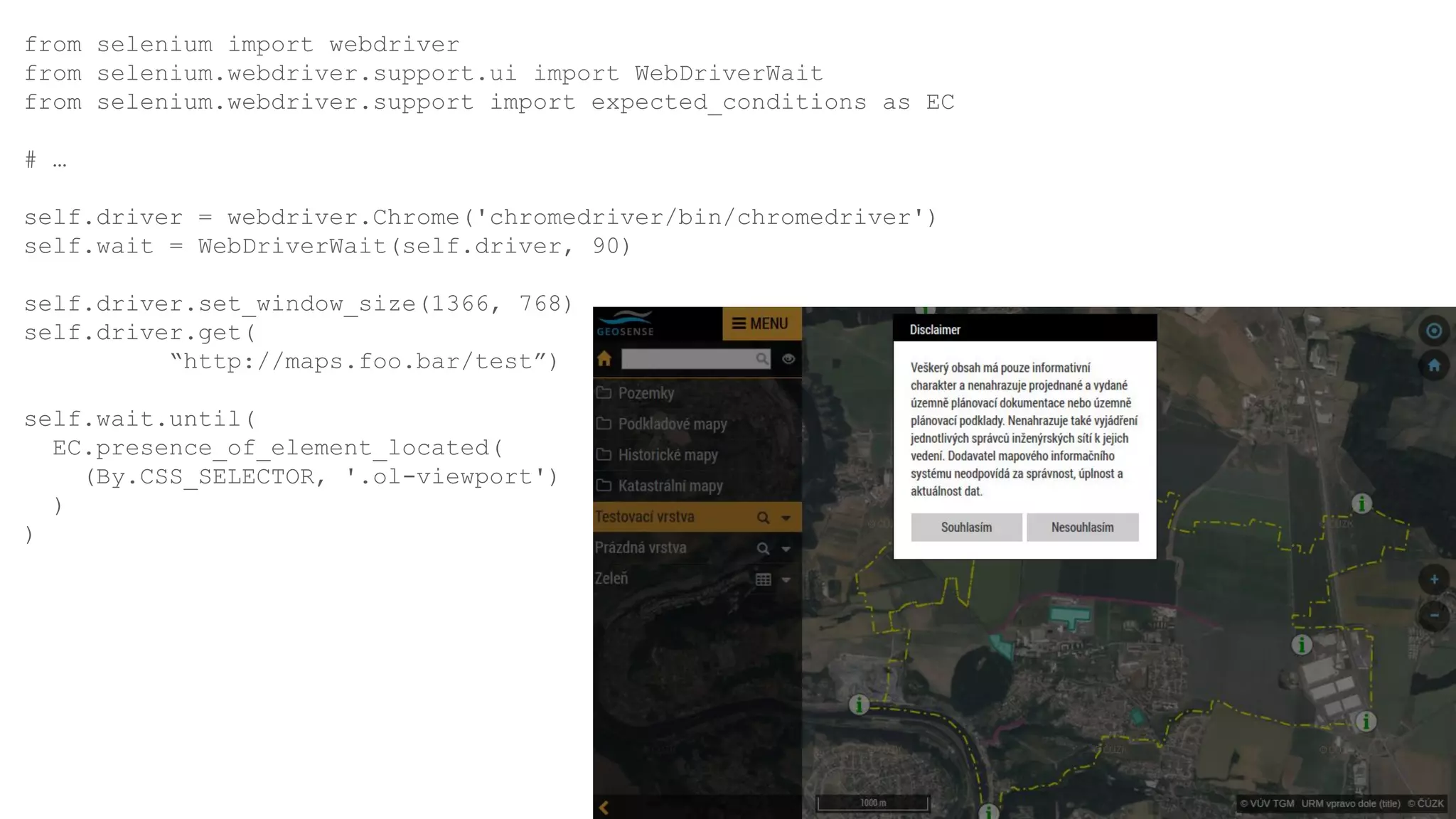 from selenium import webdriver
from selenium.webdriver.support.ui import WebDriverWait
from selenium.webdriver.support import expected_conditions as EC
# …
self.driver = webdriver.Chrome('chromedriver/bin/chromedriver')
self.wait = WebDriverWait(self.driver, 90)
self.driver.set_window_size(1366, 768)
self.driver.get(
“http://maps.foo.bar/test”)
self.wait.until(
EC.presence_of_element_located(
(By.CSS_SELECTOR, '.ol-viewport')
)
)
 