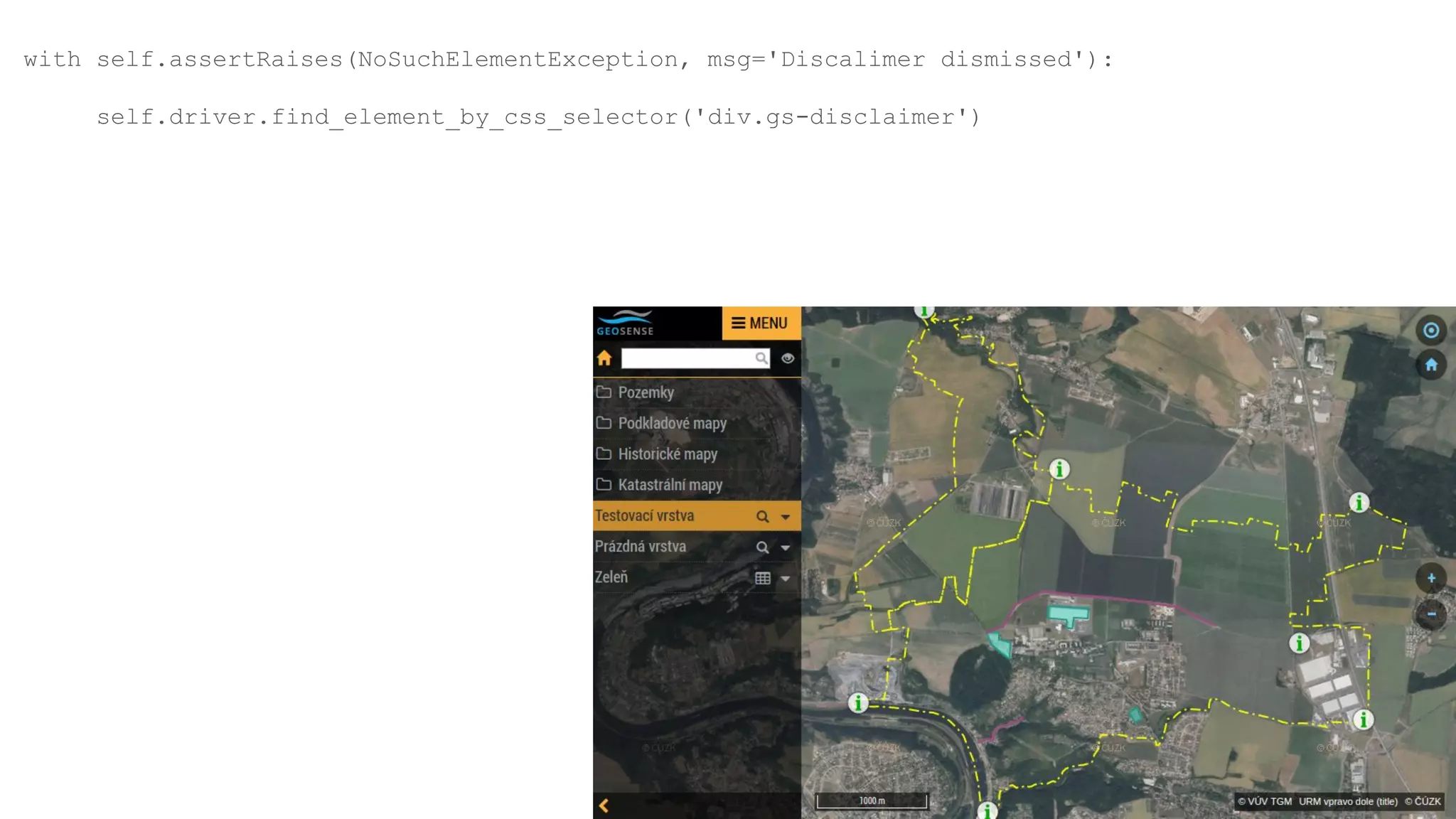 with self.assertRaises(NoSuchElementException, msg='Discalimer dismissed'):
self.driver.find_element_by_css_selector('div.gs-disclaimer')
 