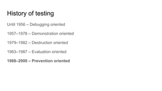 History of testing
Until 1956 – Debugging oriented
1957–1978 – Demonstration oriented
1979–1982 – Destruction oriented
1983–1987 – Evaluation oriented
1988–2000 – Prevention oriented
 