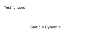 Testing types
Static × Dynamic
 