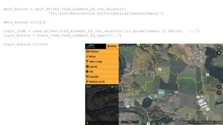 menu_button = self.driver.find_element_by_css_selector(
'div.test-menu-button button[data-gs-handler=menu]')
menu_button.click()
login_item = case.driver.find_element_by_css_selector('ul.gs-main-menu li button ...')
login_button = login_item.find_element_by_xpath('..')
login_button.click()
 