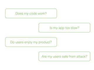PHILOSOPHIES
TDD, CI
CONSTRUCTS
test harness, mocks, ﬁxtures,
stubs, spies, headless browser,
web driver
LIBRARIES
mocha, jasmine, qunit
chai, expect, sinon
METHODOLOGIES
unit testing, functional tests, end
to end testing, integration tests
TOOLS
phantomjs, casperjs, nightwatch, venus, js test
driver, karma, protractor, testacular, intern,
hudson, jenkins, travis, selenium
 