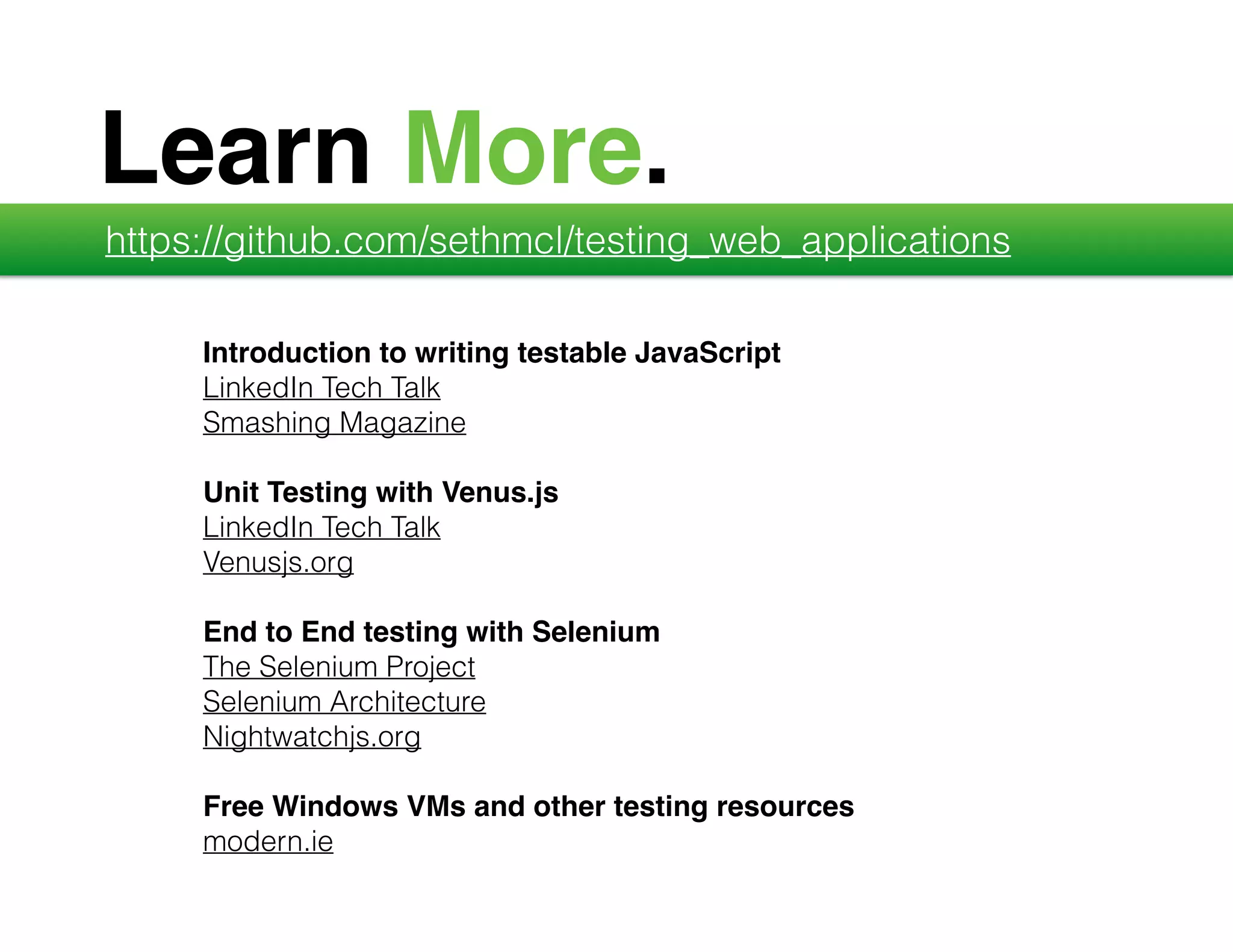 A fake implementation of a code dependency. Sinon.js XHR Mock var xhr = sinon.useFakeXMLHttpRequest(); var requests = []; var callback = sinon.spy(); ! xhr.onCreate = function (xhr) { requests.push(xhr); }; ! myLib.getCommentsFor("/some/article", callback); assertEquals(1, requests.length); ! requests[0].respond(200, { "Content-Type": "application/json" }, '[{ "id": 12, "comment": "Hey there" }]' ); ! assert(callback.calledWith([{ id: 12, comment: "Hey there" }])); 