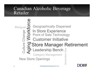 Canadian Alcoholic Beverage
Retailer


                           Aging Workforce
    Bilingual                                Geographically Dispersed
                                             In Store Experience
          Culture Change


                                             Point of Sale Technology
                                             Customer Initiative
                                             Store Manager Retirement



                                                                                        Generation Gap
                                             Leadership Bench
                                             Category Management
       New Store Openings

7                                                © Development Dimensions Int’l, Inc.
 