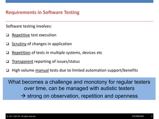Requirements in Software Testing
Software testing involves:


Repetitive test execution



Scrutiny of changes in application



Repetition of tests in multiple systems, devices etc



Transparent reporting of issues/status



High volume manual tests due to limited automation support/benefits

What becomes a challenge and monotony for regular testers
over time, can be managed with autistic testers
 strong on observation, repetition and openness

© 2011 SAP AG. All rights reserved.

Confidential

2

 