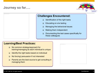 Journey so far….
Challenges Encountered:


Identification of the right tasks



Educating on s/w testing



Managing the behavioral issues



Making them independent



Documenting the test cases specifically for
these colleagues

Learning/Best Practices:


No common strategy/approach for
training/managing as each individual is unique



Identify the right tasks based on individual



No forcing/ persuasion if not interested



Parents are the best source to get consulting in
managing them

© 2011 SAP AG. All rights reserved.

Confidential

6

 