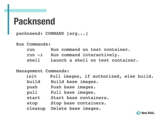 Packnsend
packnsend: COMMAND [arg...]!
!
Run Commands:!
run Run command on test container.!
run -i Run command interactively.!
shell Launch a shell on test container.!
!
Management Commands:!
! init Pull images, if authorized, else build.!
build Build base images.!
push Push base images.!
pull Pull base images.!
start Start base containers.!
stop Stop base containers.!
cleanup Delete base images.!
 