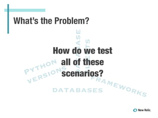 What’s the Problem?
Python
versions
frameworksdatabases
database
clients
How do we test
all of these
scenarios?
 