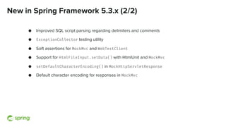 New in Spring Framework 5.3.x (2/2)
● Improved SQL script parsing regarding delimiters and comments
● ExceptionCollector testing utility
● Soft assertions for MockMvc and WebTestClient
● Support for HtmlFileInput.setData() with HtmlUnit and MockMvc
● setDefaultCharacterEncoding() in MockHttpServletResponse
● Default character encoding for responses in MockMvc
 