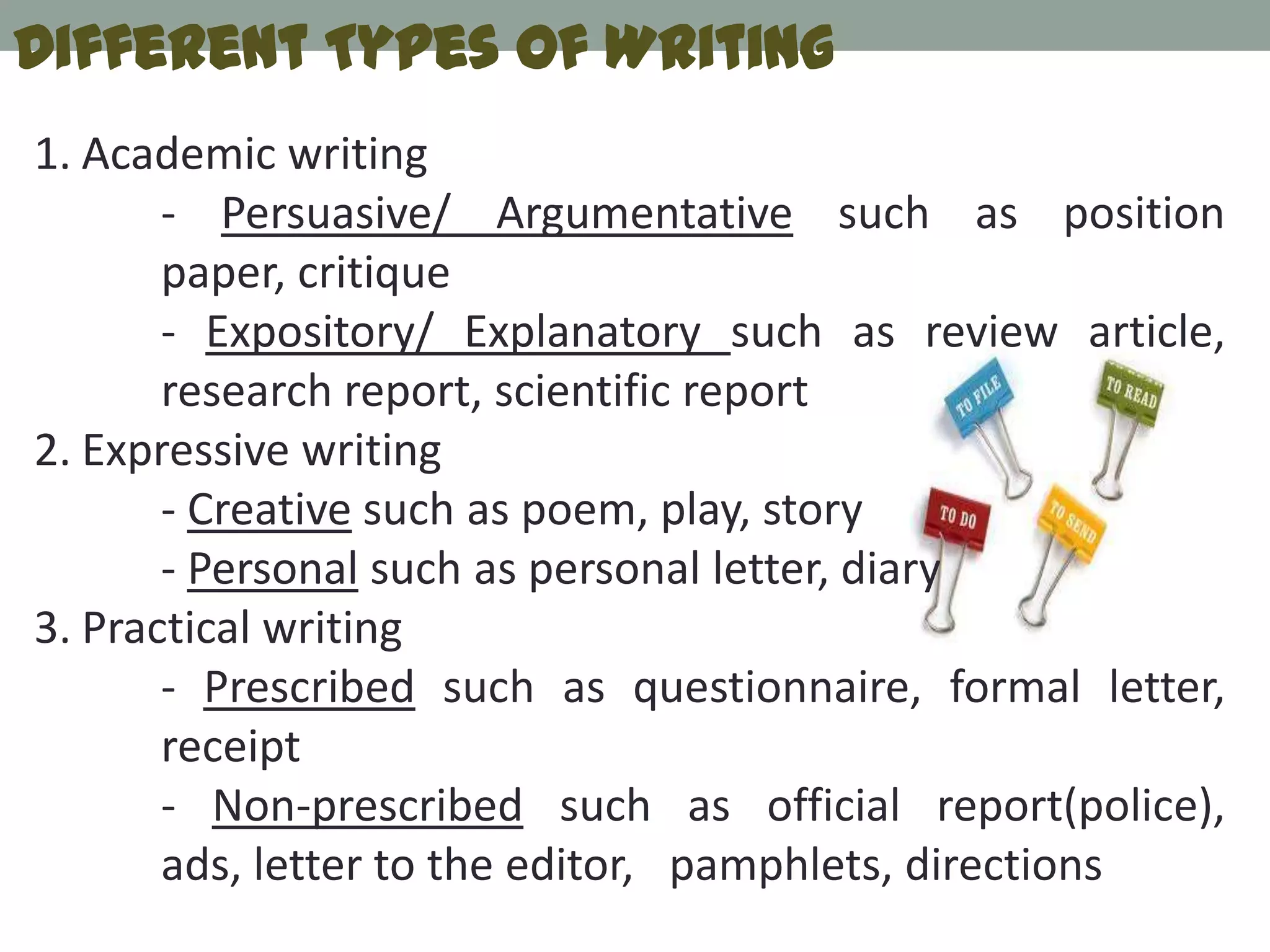 Different Types of Writing
1. Academic writing
       - Persuasive/ Argumentative such as position
       paper, critique
       - Expository/ Explanatory such as review article,
       research report, scientific report
2. Expressive writing
       - Creative such as poem, play, story
       - Personal such as personal letter, diary
3. Practical writing
       - Prescribed such as questionnaire, formal letter,
       receipt
       - Non-prescribed such as official report(police),
       ads, letter to the editor, pamphlets, directions
 
