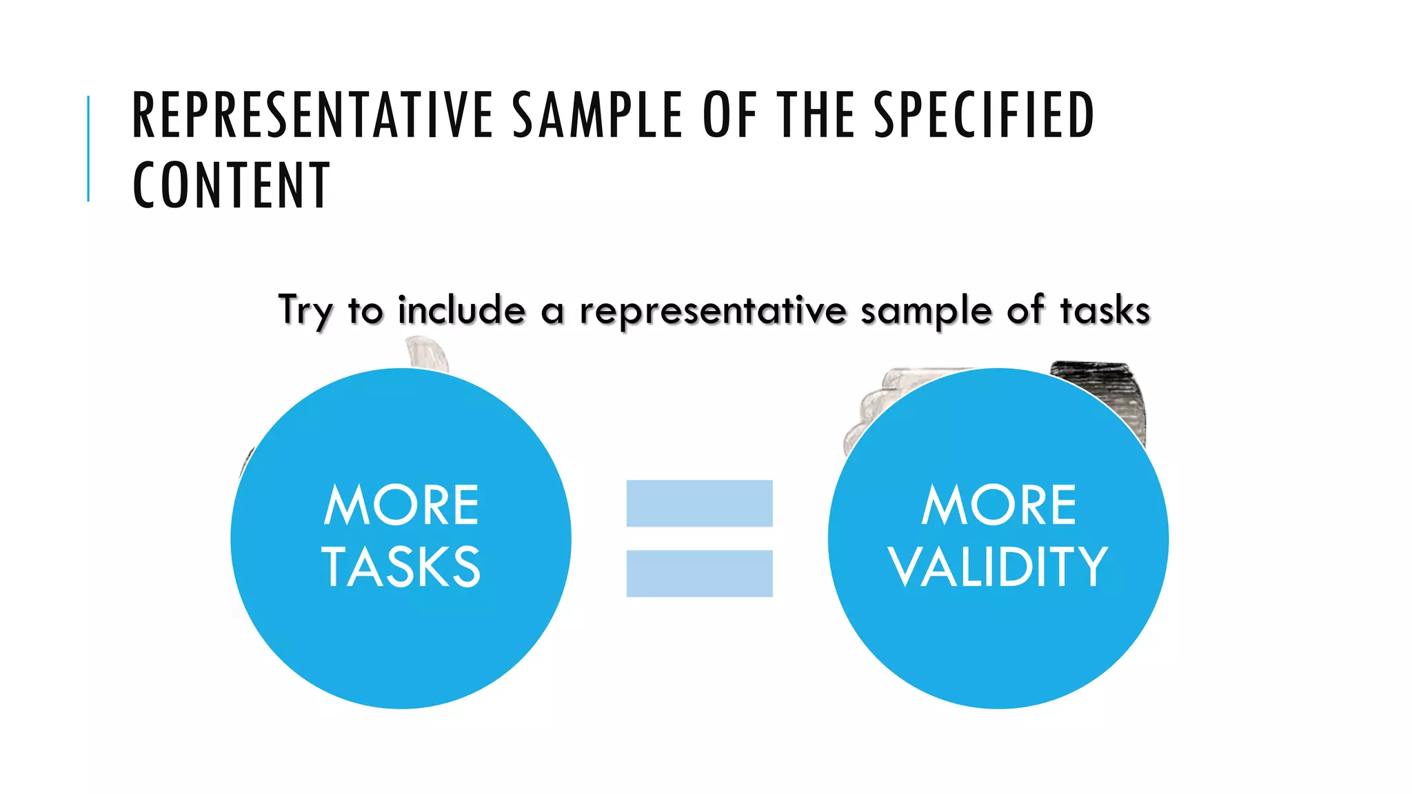 REPRESENTATIVE SAMPLE OF THE SPECIFIED
CONTENT
Try to include a representative sample of tasks
MORE
TASKS
MORE
VALIDITY
 