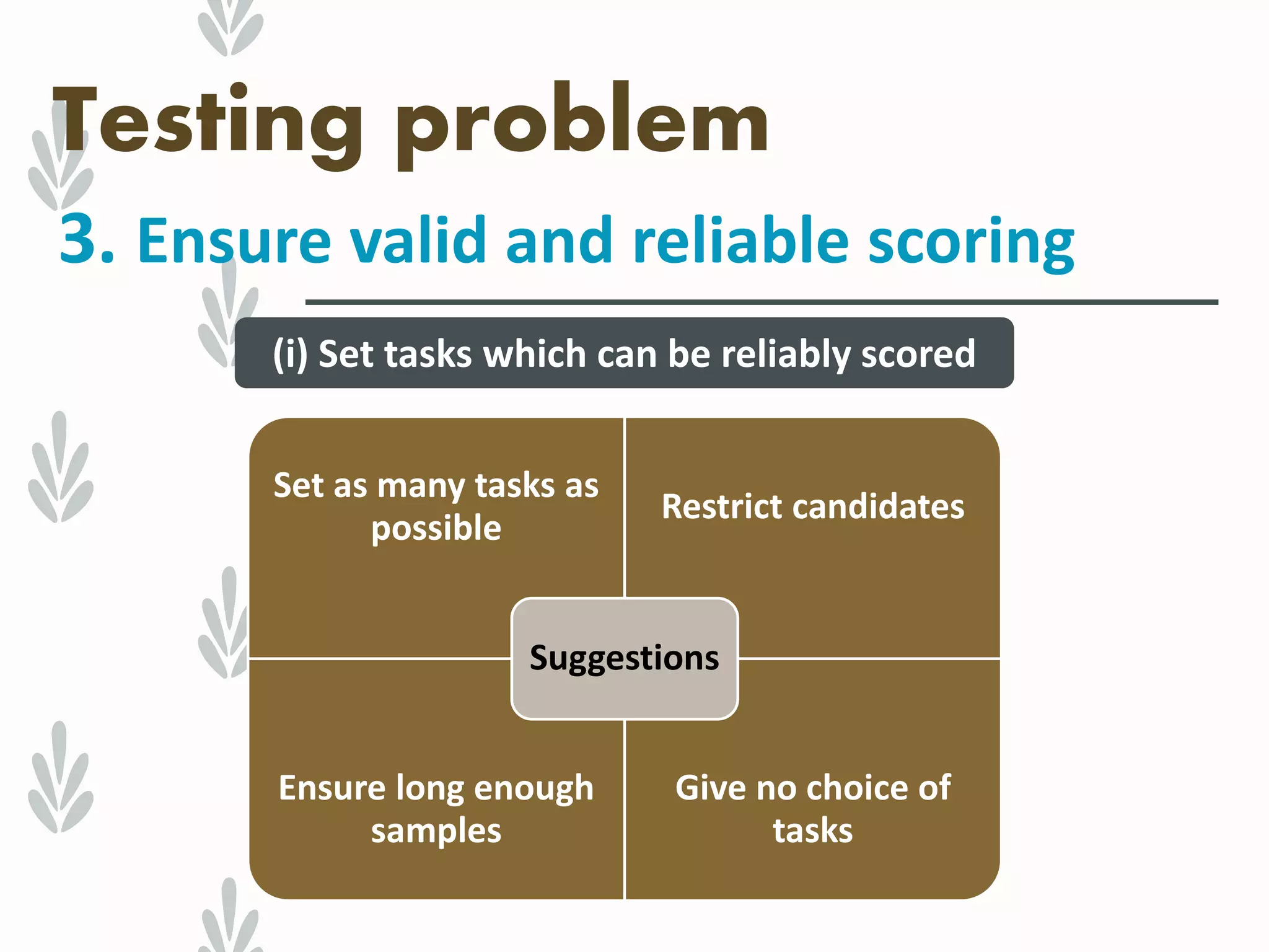 Testing problem
3. Ensure valid and reliable scoring
(i) Set tasks which can be reliably scored
Set as many tasks as
possible
Restrict candidates
Ensure long enough
samples
Give no choice of
tasks
Suggestions
 