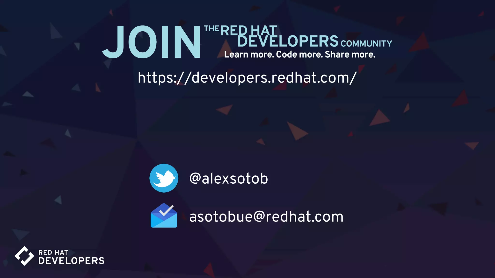 @alexsotob
asotobue@redhat.com
https://developers.redhat.com/
 