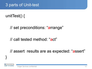 Exigen Services confidential
3 parts of Unit-test
unitTest() {
// set preconditions: “arrange”
// call tested method: “act”
// assert results are as expected: “assert”
}
13
 