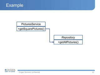 Exigen Services confidential
Example
20
PicturesService
+getSquarePictures()
Repository
+getAllPictures()
 
