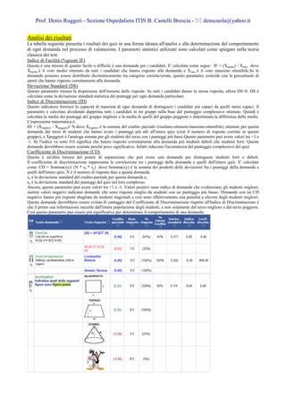 Prof. Denis Ruggeri - Sezione Ospedaliera ITIS B. Castelli Brescia -                               denscuola@yahoo.it

Analisi dei risultati
La tabella seguente presenta i risultati dei quiz in una forma idonea all'analisi e alla determinazione del comportamento
di ogni domanda nel processo di valutazione. I parametri statistici utilizzati sono calcolati come spiegato nella teoria
classica dei test.
Indice di Facilità (%giuste IF)
Questa è una misura di quanto facile o difficile è una domanda per i candidati. E' calcolata come segue: IF = (Xmedia) / Xmax dove
Xmedia è il voto medio ottenuto da tutti i candidati che hanno risposto alla domanda, e Xmax è il voto massimo ottenibile.Se le
domande possono essere distribuite dicotomicamente tra categorie corrette/errate, questo parametro coincide con la percentuale di
utenti che hanno risposto correttamente alla domanda.
Deviazione Standard (DS)
Questo parametro misura la dispersione dell'insieme delle risposte. Se tutti i candidati danno la stessa risposta, allora DS=0. DS è
calcolata come la deviazione standard statistica dei punteggi per ogni domanda particolare.
Indice di Discriminazione (ID)
Questo indicatore fornisce la capacità di massima di ogni domanda di distinguere i candidati più capaci da quelli meno capaci. Il
parametro è calcolato dividendo dapprima tutti i candidati in tre gruppi sulla base del punteggio complessivo ottenuto. Quindi è
calcolata la media dei punteggi del gruppo migliore e la media di quelli del gruppo peggiore e determinata la differenza delle medie.
L'espressione matematica è:
ID = (Xmigliori - Xpeggiori)/ N dove Xmigliori è la somma del credito parziale (risultato-ottenuto/massimo-ottenibile) ottenuto per questa
domanda dal terzo di studenti che hanno avuto i punteggi più alti all'intero quiz (cioè il numero di risposte corrette in questo
gruppo), e Xpeggiori è l'analoga somma per gli studenti del terzo con i punteggi più bassi.Questo parametro può avere valori tra +1 e
-1. Se l'indice va sotto 0.0 significa che hanno risposto correttamente alla domanda più studenti deboli che studenti forti. Queste
domande dovrebbero essere scartate perché poco significative. Infatti riducono l'accuratezza del punteggio complessivo del quiz.
Coefficiente di Discriminazione (CD)
Questa è un'altra misura del potere di separazione che può avere una domanda per distinguere studenti forti e deboli.
Il coefficiente di discriminazione rappresenta la correlazione tra i punteggi della domanda e quelli dell'intero quiz. E' calcolato
come: CD = Somma(xy)/ (N * sx * sy) dove Somma(xy) è la somma dei prodotti delle deviazioni fra i punteggi della domanda e
quelli dell'intero quiz, N è il numero di risposte date a questa domanda
sx è la deviazione standard del credito parziale per questa domanda e,
sy è la deviazione standard dei punteggi del quiz nel loro complesso.
Ancora, questo parametro può avere valori tra +1 e -1. Valori positivi sono indice di domande che evidenziano gli studenti migliori,
mentre valori negativi indicano domande che sono risposte meglio da studenti con un punteggio più basso. Domande con un CD
negativo hanno più risposte sbagliate da studenti stagionali e così sono effettivamente una penalità a sfavore degli studenti migliori.
Queste domande dovrebbero essere evitate.Il vantaggio del Coefficiente di Discriminazione rispetto all'Indice di Discriminazione è
che il primo usa informazioni raccolte dall'intera popolazione degli studenti, e non solamente dal terzo migliore e dal terzo peggiore.
Così questo parametro può essere più significativo per determinare il comportamento di una domanda.
 