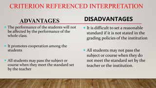 CRITERION REFERENCED INTERPRETATION
ADVANTAGES
 The performance of the students will not
be affected by the performance of the
whole class.
 It promotes cooperation among the
students
 All students may pass the subject or
course when they meet the standard set
by the teacher
DISADVANTAGES
 It is difficult to set a reasonable
standard if it is not stated in the
grading policies of the institution
 All students may not pass the
subject or course when they do
not meet the standard set by the
teacher or the institution.
 