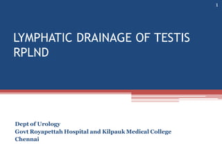 LYMPHATIC DRAINAGE OF TESTIS
RPLND
Dept of Urology
Govt Royapettah Hospital and Kilpauk Medical College
Chennai
1
 