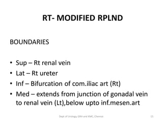 RT- MODIFIED RPLND
BOUNDARIES
• Sup – Rt renal vein
• Lat – Rt ureter
• Inf – Bifurcation of com.iliac art (Rt)
• Med – extends from junction of gonadal vein
to renal vein (Lt),below upto inf.mesen.art
15
Dept of Urology, GRH and KMC, Chennai.
 