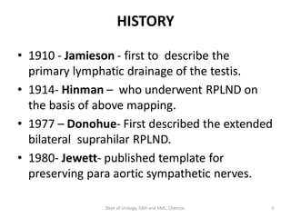 HISTORY
• 1910 - Jamieson - first to describe the
primary lymphatic drainage of the testis.
• 1914- Hinman – who underwent RPLND on
the basis of above mapping.
• 1977 – Donohue- First described the extended
bilateral suprahilar RPLND.
• 1980- Jewett- published template for
preserving para aortic sympathetic nerves.
3
Dept of Urology, GRH and KMC, Chennai.
 