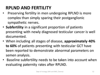 RPLND AND FERTILITY
• Preserving fertility in men undergoing RPLND is more
complex than simply sparing their postganglionic
sympathetic nerves.
• Subfertility in a significant proportion of patients
presenting with newly diagnosed testicular cancer is well
documented.
• When including all stages of disease, approximately 40%
to 60% of patients presenting with testicular GCT have
been reported to demonstrate abnormal parameters on
semen analysis.
• Baseline subfertility needs to be taken into account when
evaluating paternity rates after RPLND.
52
Dept of Urology, GRH and KMC, Chennai.
 