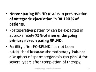 • Nerve sparing RPLND results in preservation
of antegrade ejaculation in 90-100 % of
patients.
• Postoperative paternity can be expected in
approximately 75% of men undergoing
primary nerve-sparing RPLND.
• Fertility after PC-RPLND has not been
established because chemotherapy-induced
disruption of spermatogenesis can persist for
several years after completion of therapy.
54
Dept of Urology, GRH and KMC, Chennai.
 