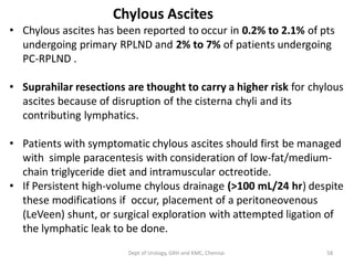 Chylous Ascites
• Chylous ascites has been reported to occur in 0.2% to 2.1% of pts
undergoing primary RPLND and 2% to 7% of patients undergoing
PC-RPLND .
• Suprahilar resections are thought to carry a higher risk for chylous
ascites because of disruption of the cisterna chyli and its
contributing lymphatics.
• Patients with symptomatic chylous ascites should first be managed
with simple paracentesis with consideration of low-fat/medium-
chain triglyceride diet and intramuscular octreotide.
• If Persistent high-volume chylous drainage (>100 mL/24 hr) despite
these modifications if occur, placement of a peritoneovenous
(LeVeen) shunt, or surgical exploration with attempted ligation of
the lymphatic leak to be done.
58
Dept of Urology, GRH and KMC, Chennai.
 