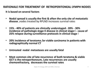 RATIONALE FOR TREATMENT OF RETROPERITONEAL LYMPH NODES
It is based on several factors
• Nodal spread is usually the first & often the only site of metastatic
disease ,nodes treated by RPLND increases survival rates
• 15% - 40% of patients are clinically understaged - 20% - 30%
incidence of pathologic stage II disease in clinical stage I - cause of
25% relapse during surveillance protocols in clinical stage I
• 20% incidence of teratoma /or viable carcinoma in patients with
radiographically normal CT
• Untreated nodal metastases are usually fatal
• Most common site of late recurrence of both teratoma & viable
GCT is the retroperitoneum, Late recurrences are usually
chemorefractory, decreases the survival rates
7
Dept of Urology, GRH and KMC, Chennai.
 