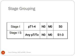 Stage Grouping
Stage I pT1-4 N0 M0 S0
Stage I S
Any pT/Tx N0 M0 S1-3
18 Dept of Urology, GRH and KMC, Chennai.
 