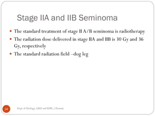 Stage IIA and IIB Seminoma
 The standard treatment of stage II A/B seminoma is radiotherapy
 The radiation dose delivered in stage IIA and IIB is 30 Gy and 36
Gy, respectively
 The standard radiation field –dog leg
24 Dept of Urology, GRH and KMC, Chennai.
 