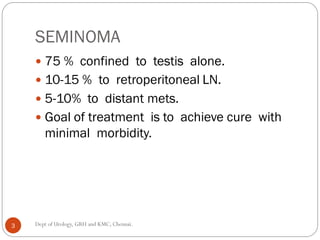 SEMINOMA
 75 % confined to testis alone.
 10-15 % to retroperitoneal LN.
 5-10% to distant mets.
 Goal of treatment is to achieve cure with
minimal morbidity.
3 Dept of Urology, GRH and KMC, Chennai.
 