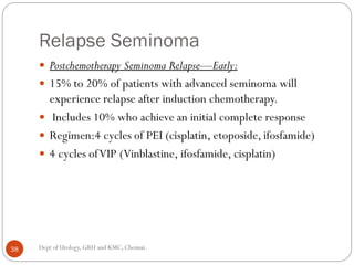 Relapse Seminoma
 Postchemotherapy Seminoma Relapse—Early:
 15% to 20% of patients with advanced seminoma will
experience relapse after induction chemotherapy.
 Includes 10% who achieve an initial complete response
 Regimen:4 cycles of PEI (cisplatin, etoposide, ifosfamide)
 4 cycles ofVIP (Vinblastine, ifosfamide, cisplatin)
38 Dept of Urology, GRH and KMC, Chennai.
 