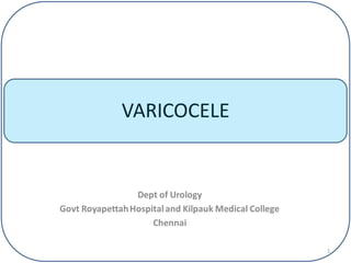 VARICOCELE
Dept of Urology
Govt RoyapettahHospitaland Kilpauk Medical College
Chennai
1
 