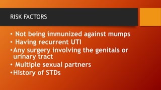 RISK FACTORS
• Not being immunized against mumps
• Having recurrent UTI
•Any surgery involving the genitals or
urinary tract
• Multiple sexual partners
•History of STDs
 