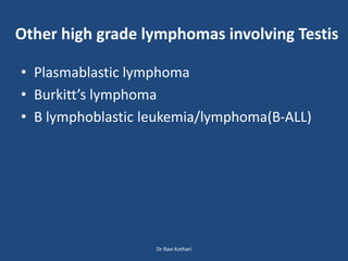Other high grade lymphomas involving Testis
• Plasmablastic lymphoma
• Burkitt’s lymphoma
• B lymphoblastic leukemia/lymphoma(B-ALL)
Dr Ravi Kothari
 