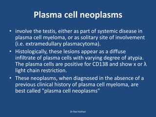 Plasma cell neoplasms
• involve the testis, either as part of systemic disease in
plasma cell myeloma, or as solitary site of involvement
(i.e. extramedullary plasmacytoma).
• Histologically, these lesions appear as a diffuse
infiltrate of plasma cells with varying degree of atypia.
The plasma cells are positive for CD138 and show x or λ
light chain restriction.
• These neoplasms, when diagnosed in the absence of a
previous clinical history of plasma cell myeloma, are
best called "plasma cell neoplasms"
Dr Ravi Kothari
 