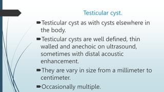Testicular cyst.
Testicular cyst as with cysts elsewhere in
the body.
Testicular cysts are well defined, thin
walled and anechoic on ultrasound,
sometimes with distal acoustic
enhancement.
They are vary in size from a millimeter to
centimeter.
Occasionally multiple.
 