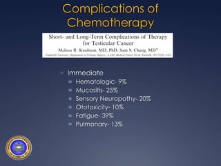 Seminoma EC1QuimioterapiaQuimioterapia com dose única de carboplatina é um tratamento alternativo à vigilância ativa e à radioterapia em pacientes com seminoma EC I (risco intermediário).Estudos recentes mostraram vantagem no uso de 2 ciclos de carboplastina em relação às outras modalidades, mas resultados em longo prazo ainda são necessários para sua indicação