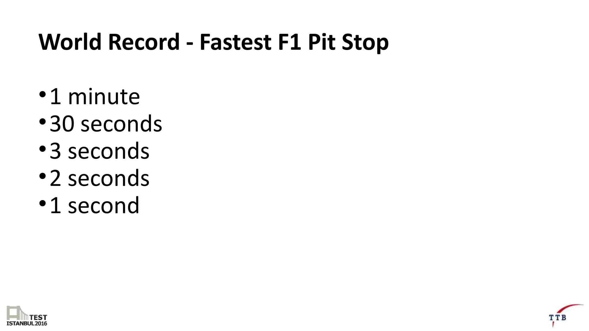 World Record - Fastest F1 Pit Stop
•1 minute
•30 seconds
•3 seconds
•2 seconds
•1 second
 