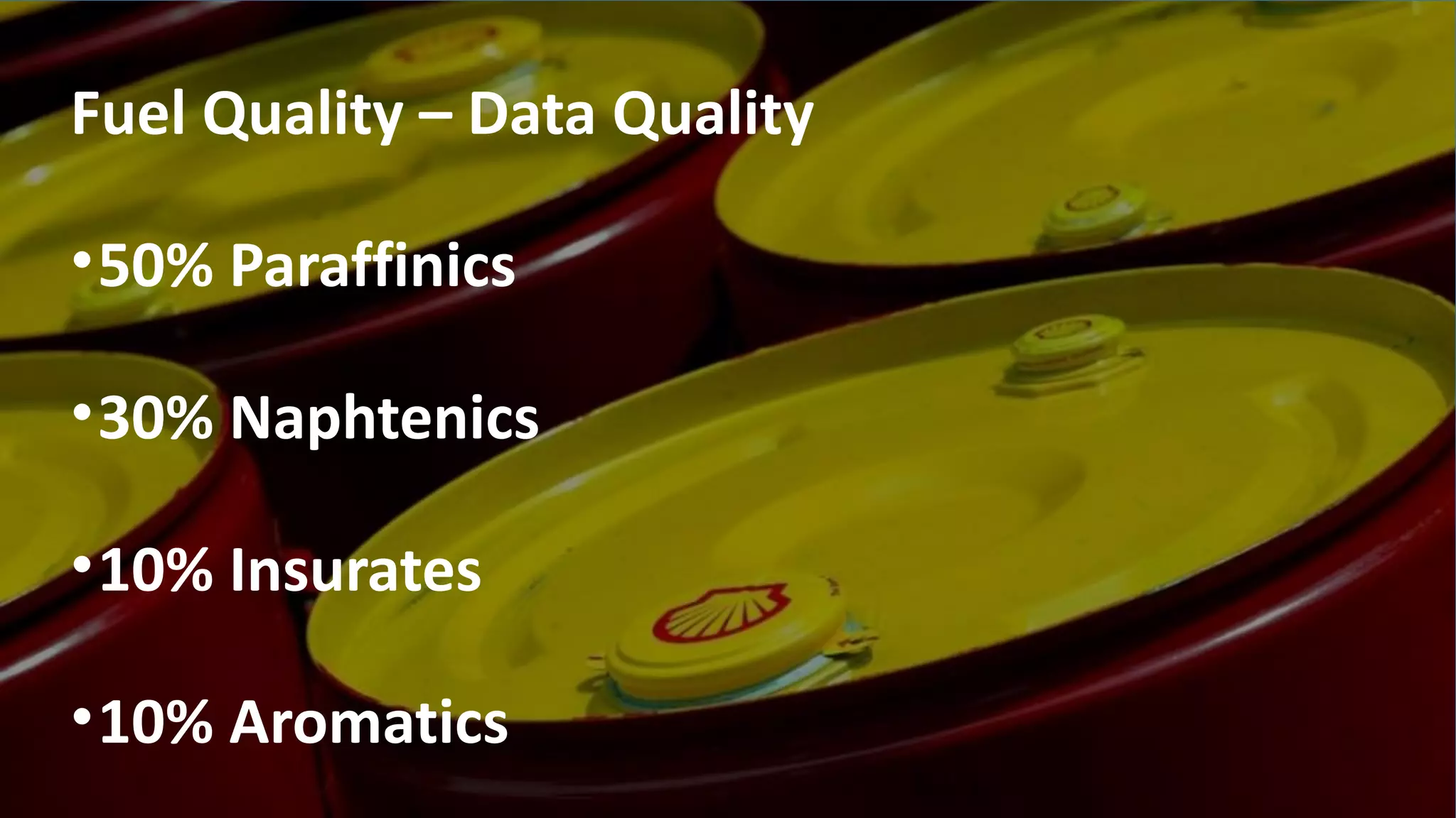 Fuel Quality – Data Quality
•50% Paraffinics
•30% Naphtenics
•10% Insurates
•10% Aromatics
 