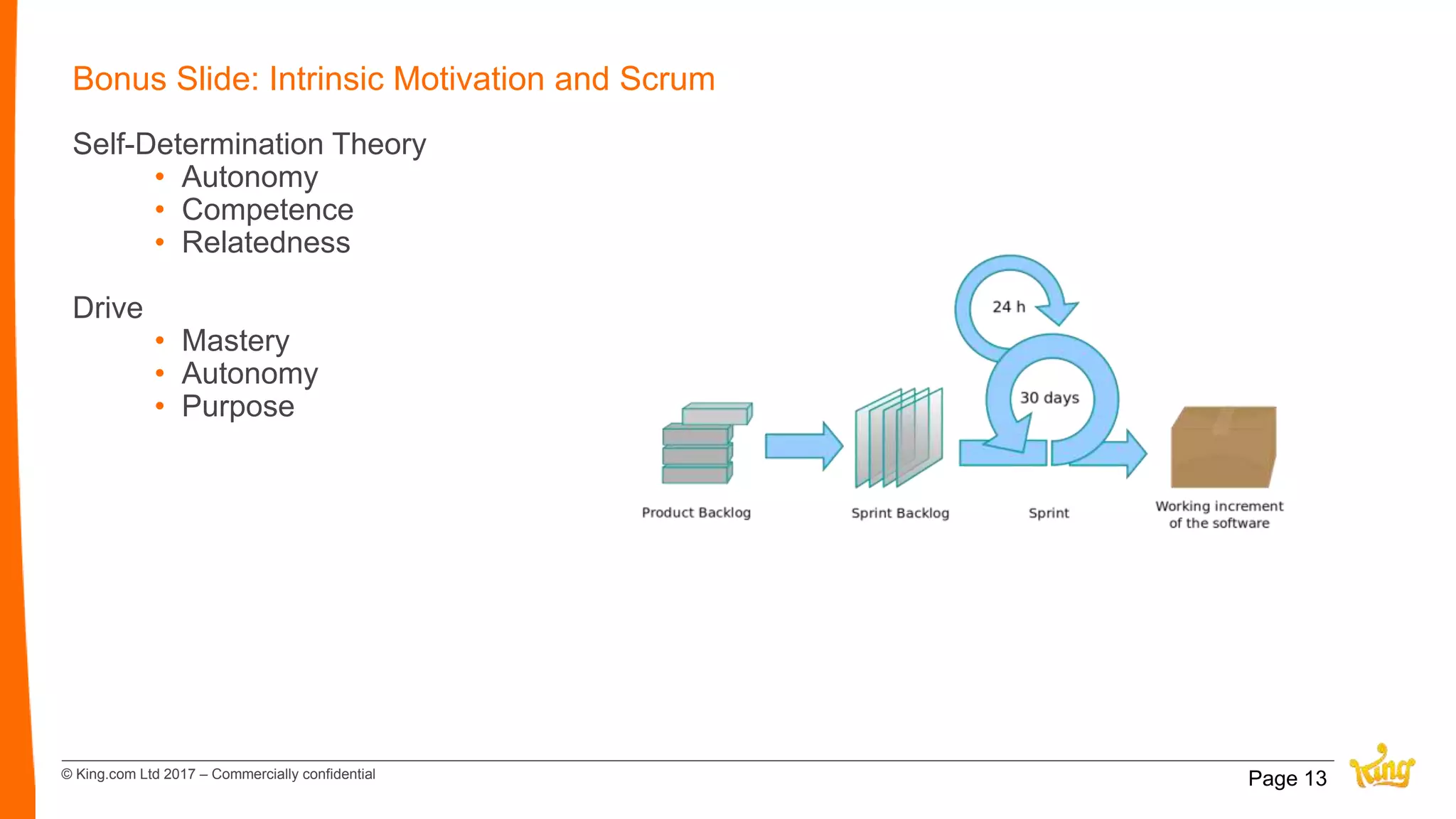 © King.com Ltd 2017 – Commercially confidential
Bonus Slide: Intrinsic Motivation and Scrum
Self-Determination Theory
• Autonomy
• Competence
• Relatedness
Drive
• Mastery
• Autonomy
• Purpose
Page 13
 