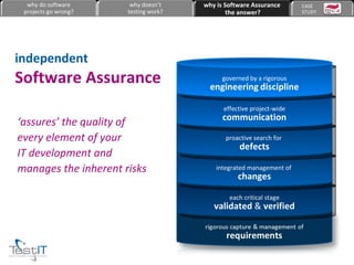 independent Software Assurance each critical stage validated  &  verified integrated management of  changes proactive search for  defects effective project-wide communication governed by a rigorous engineering   discipline ‘ assures’ the quality of every element of your  IT development and manages the inherent risks why do software projects go wrong? why doesn’t testing work? why is Software Assurance the answer? CASE  STUDY 