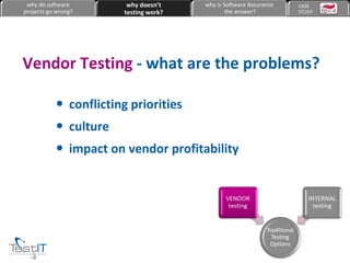 conflicting priorities culture impact on vendor profitability Vendor Testing  -   what are the problems? why do software projects go wrong? why doesn’t testing work? why is Software Assurance the answer? CASE  STUDY 