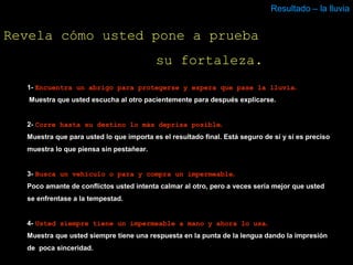 Resultado – la lluvia


Revela cómo usted pone a prueba
                                         su fortaleza.
  1- Encuentra un abrigo para protegerse y espera que pase la lluvia.
   Muestra que usted escucha al otro pacientemente para después explicarse.


  2- Corre hasta su destino lo más deprisa posible.
  Muestra que para usted lo que importa es el resultado final. Está seguro de sí y si es preciso
  muestra lo que piensa sin pestañear.


  3- Busca un vehículo o para y compra un impermeable.
  Poco amante de conflictos usted intenta calmar al otro, pero a veces sería mejor que usted
  se enfrentase a la tempestad.


  4- Usted siempre tiene un impermeable a mano y ahora lo usa.
  Muestra que usted siempre tiene una respuesta en la punta de la lengua dando la impresión
  de poca sinceridad.
 